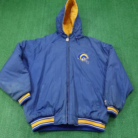 Vintage St. Louis Rams Puffer Jacket Mens Blue NFL Football Hooded Logo 7 90s - Picture 1 of 16